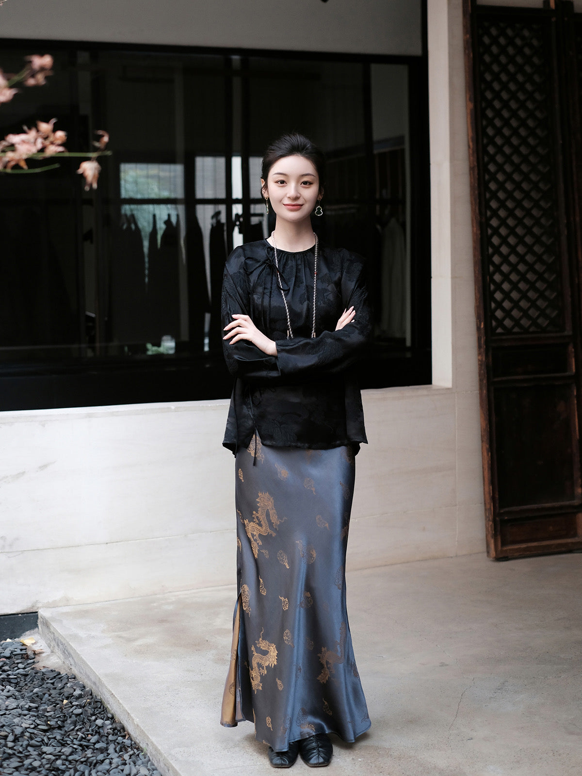 Silk dragon pattern jacquard skirt