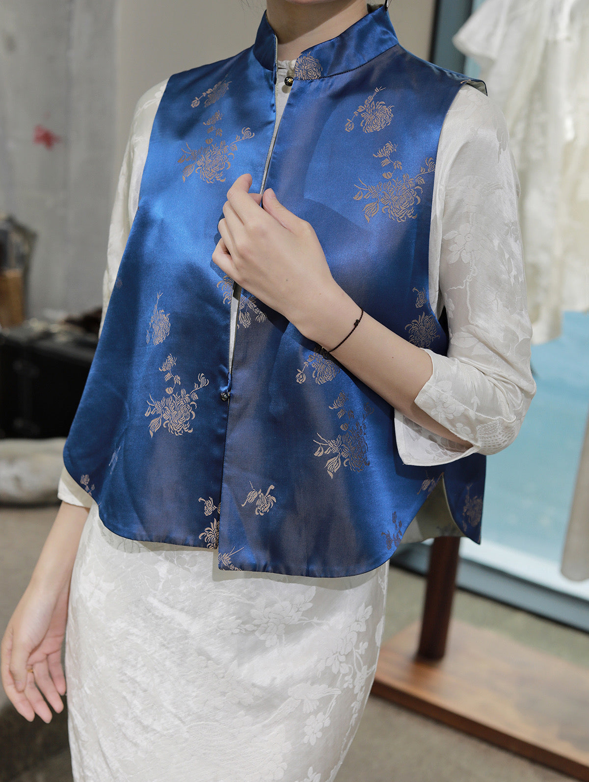 Peacock Blue Interwoven Jacquard Silk Vest