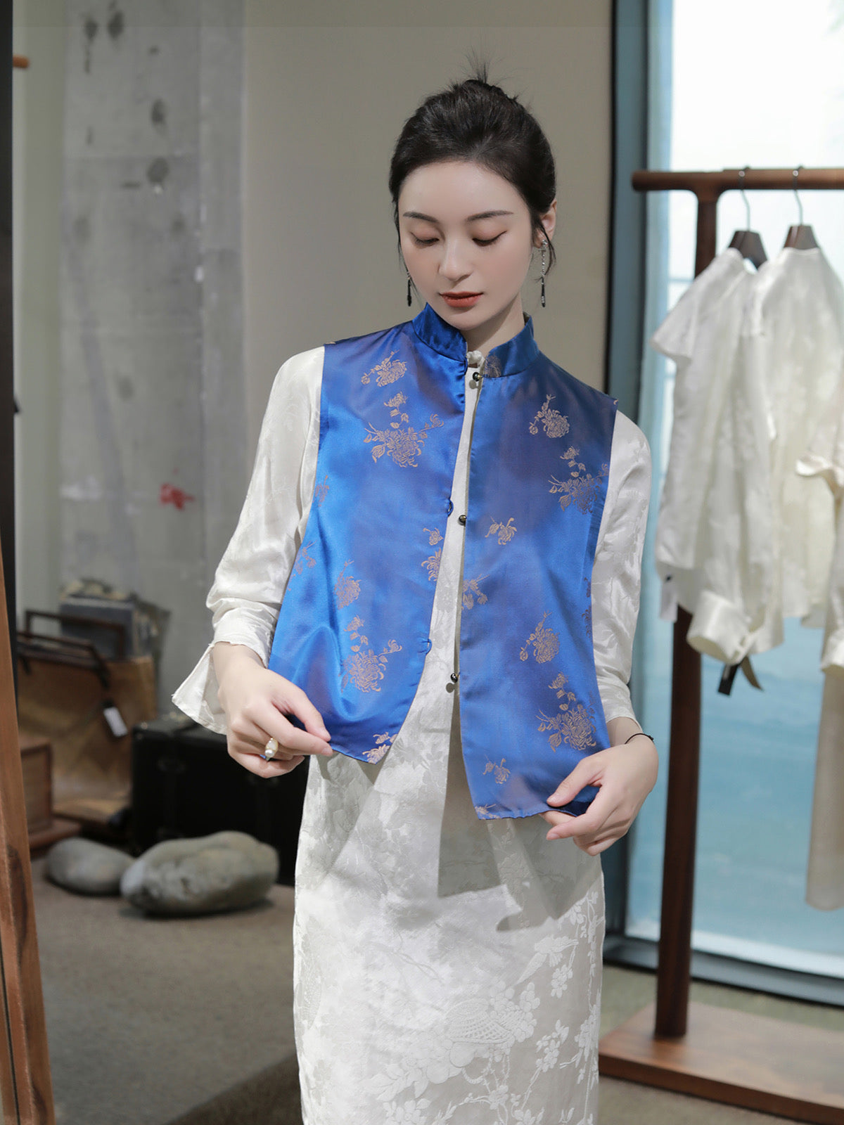 Peacock Blue Interwoven Jacquard Silk Vest